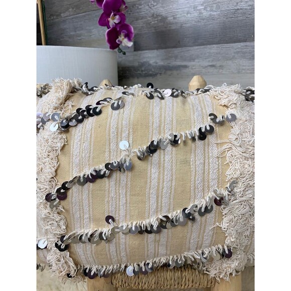 Vintage Moroccan Handira Pillow: Sequined Wedding Blanket Cushion 03YS00676 - Picture 5 of 9